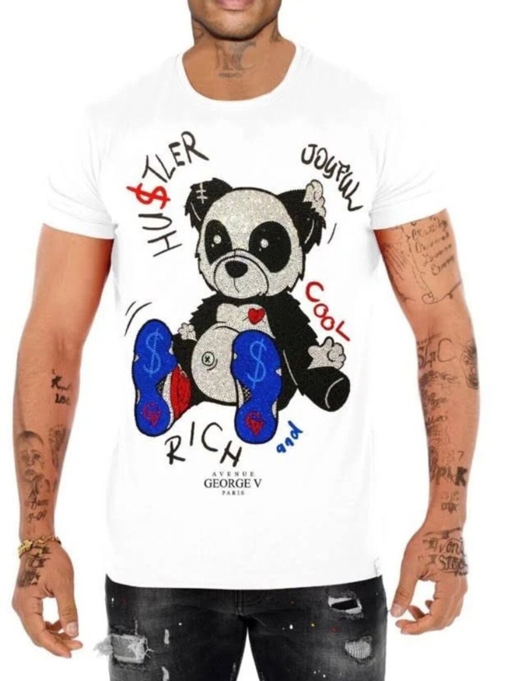 Avenue George V Paris T-Shirt Men's White Tee rhinestone Teddy Bear L XL  2XL